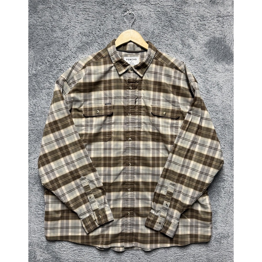 Poncho Shirt Mens 3XL Brown Plaid Performance Flannel Magnetic Pockets Stretch